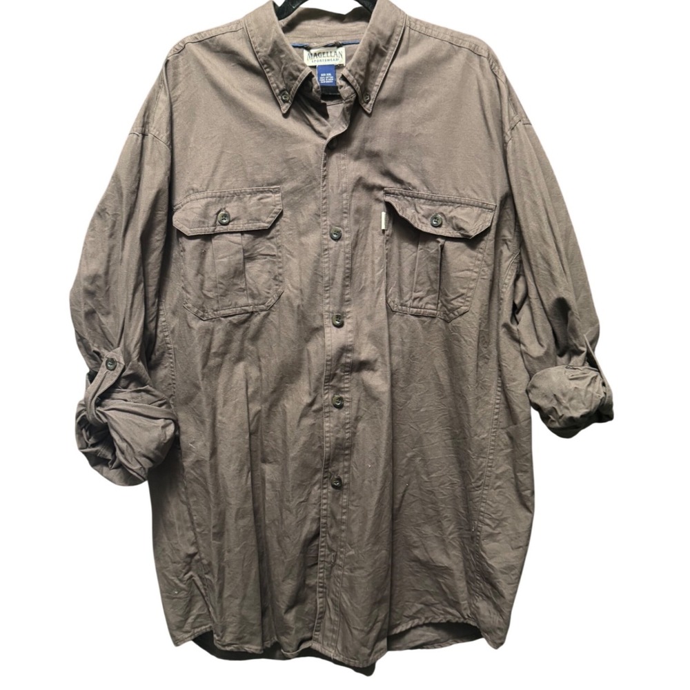 Magellan Sportswear Mens XXL Brown Cotton Button Down Utility Shirt Long Sleeve